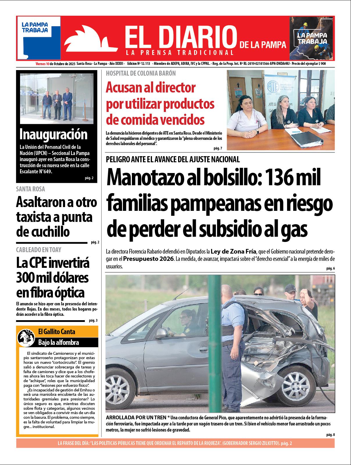 Tapa de El Diario en papel  viernes 10 de octubre de 2025
